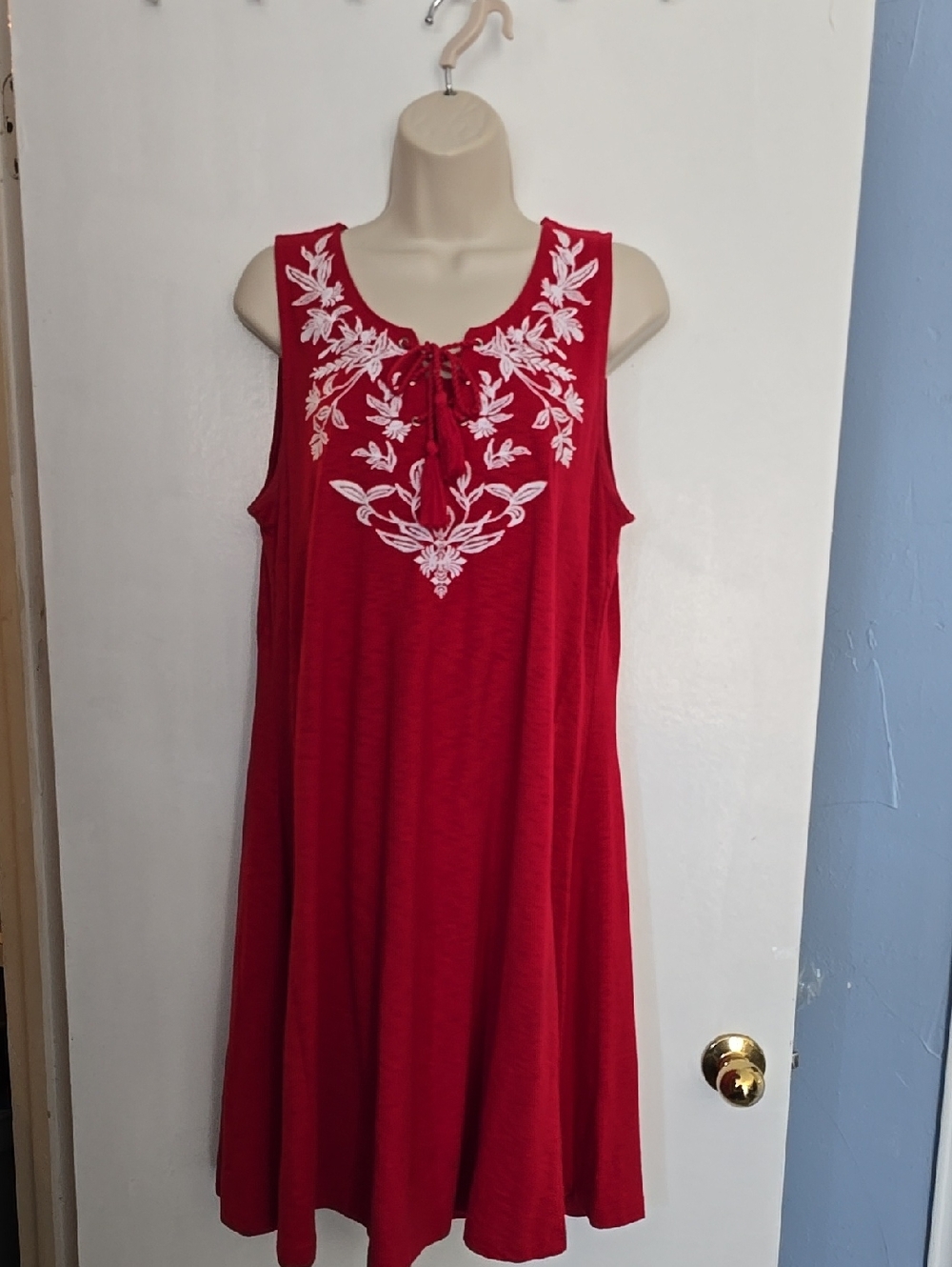 Style & Co. Bright Red Knit Tank Dress With Embroidery Embelishment L NWOT